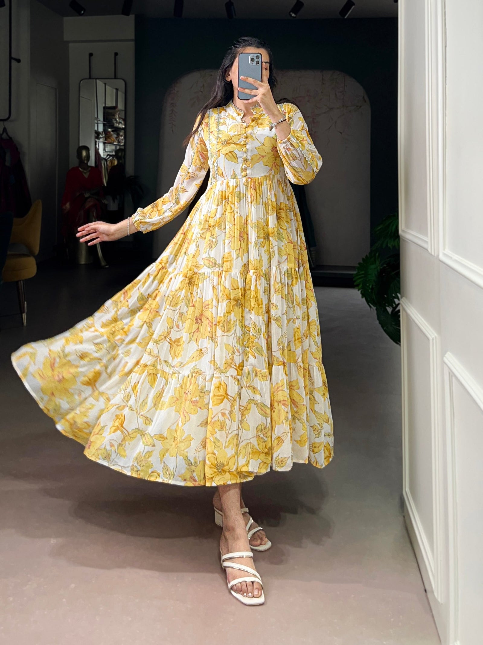 Yellow Weightless Marbal Floral & Foil Printed Stitched Frock with Lace Touch-Up Micro Crepe Lining, Full Sleeves ClothsVilla