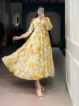 Yellow Weightless Marbal Floral & Foil Printed Stitched Frock with Lace Touch-Up Micro Crepe Lining, Full Sleeves ClothsVilla