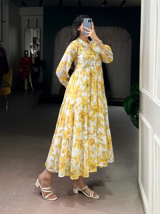 Yellow Weightless Marbal Floral & Foil Printed Stitched Frock with Lace Touch-Up Micro Crepe Lining, Full Sleeves ClothsVilla