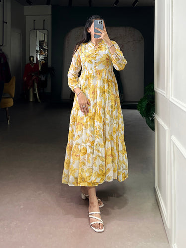 Yellow Weightless Marbal Floral & Foil Printed Stitched Frock with Lace Touch-Up Micro Crepe Lining, Full Sleeves ClothsVilla