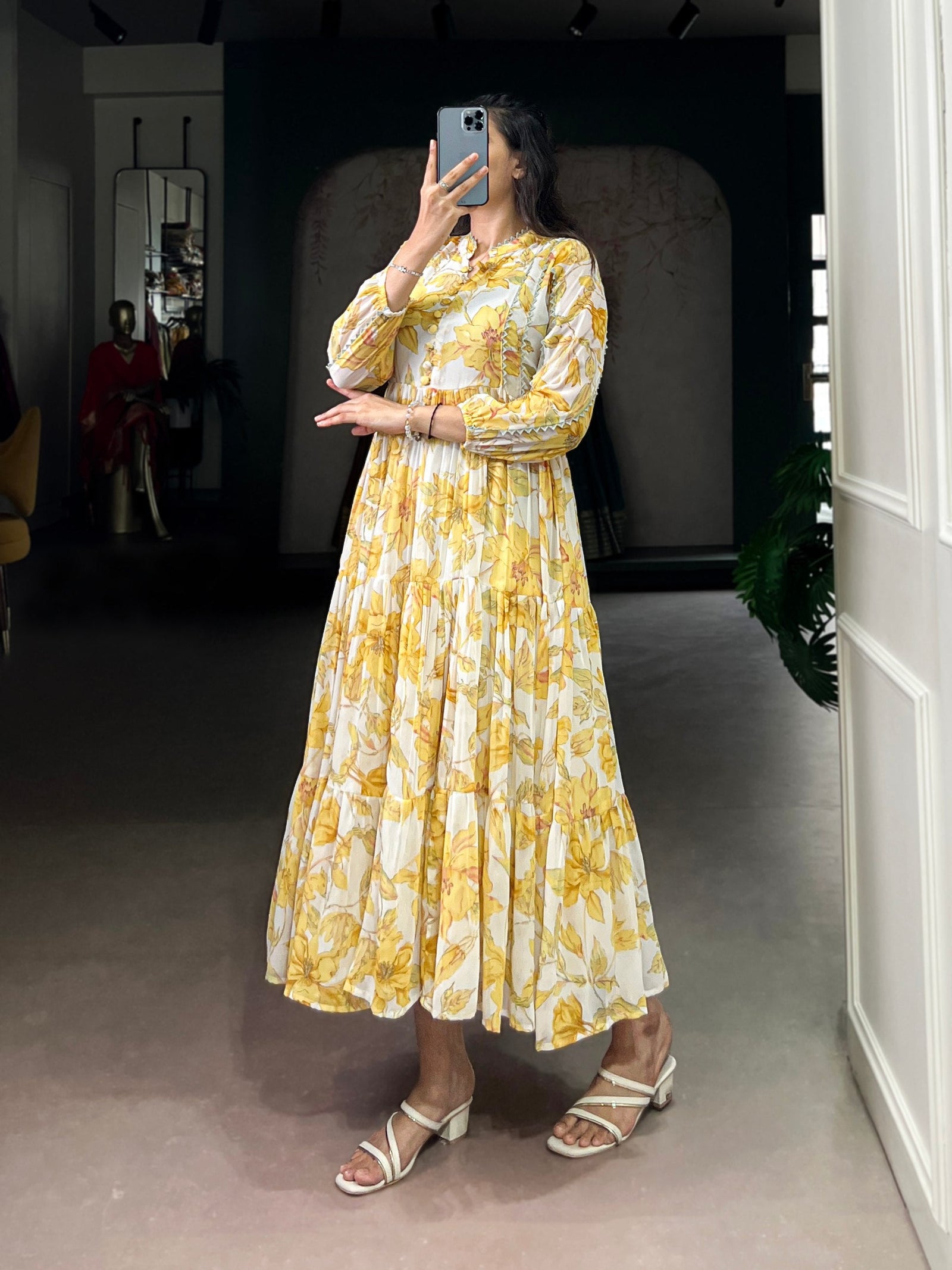 Yellow Weightless Marbal Floral & Foil Printed Stitched Frock with Lace Touch-Up Micro Crepe Lining, Full Sleeves ClothsVilla