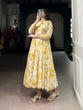 Load image into Gallery viewer, Yellow Weightless Marbal Floral &amp; Foil Printed Stitched Frock with Lace Touch-Up Micro Crepe Lining, Full Sleeves ClothsVilla