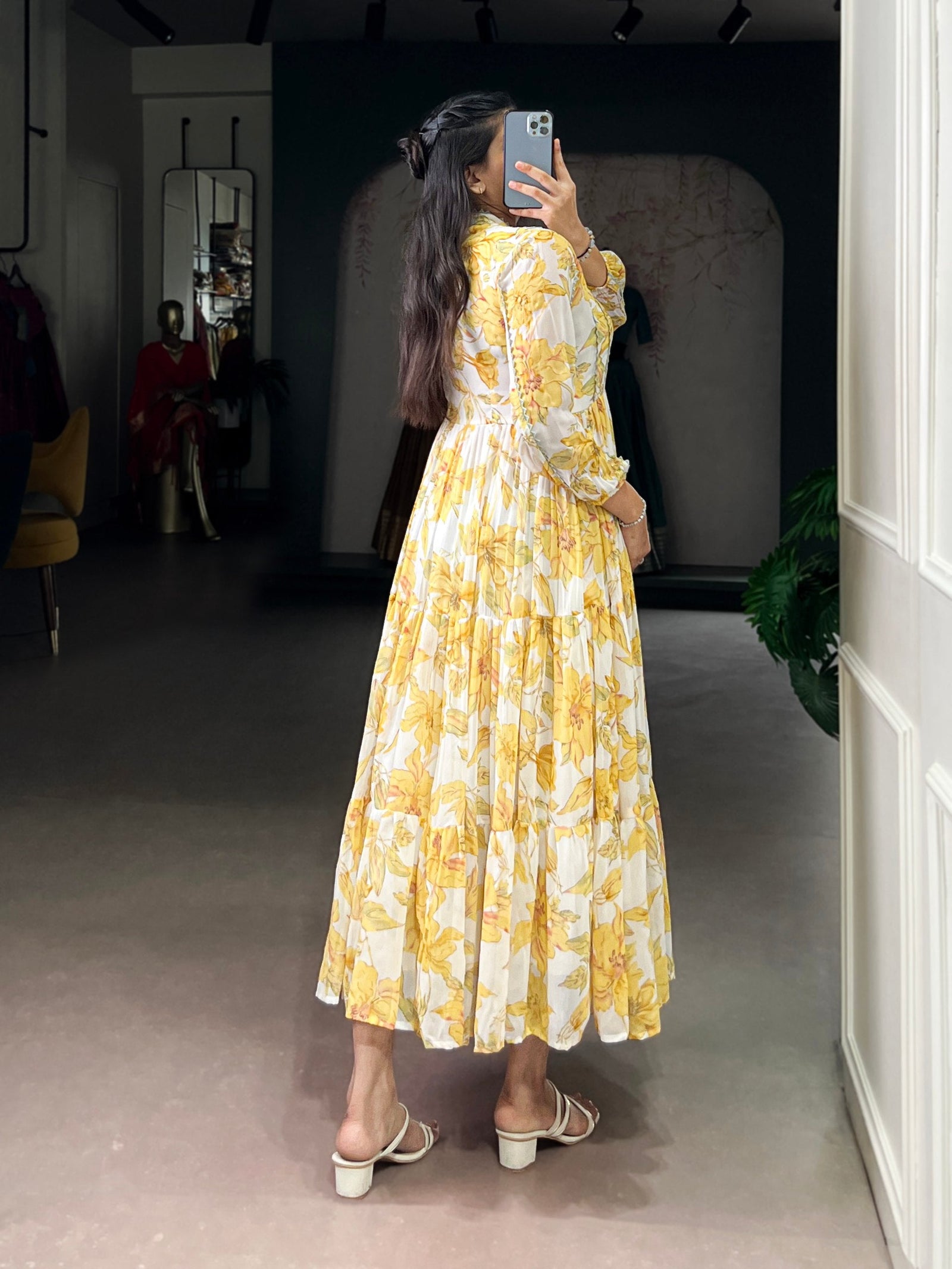 Yellow Weightless Marbal Floral & Foil Printed Stitched Frock with Lace Touch-Up Micro Crepe Lining, Full Sleeves ClothsVilla