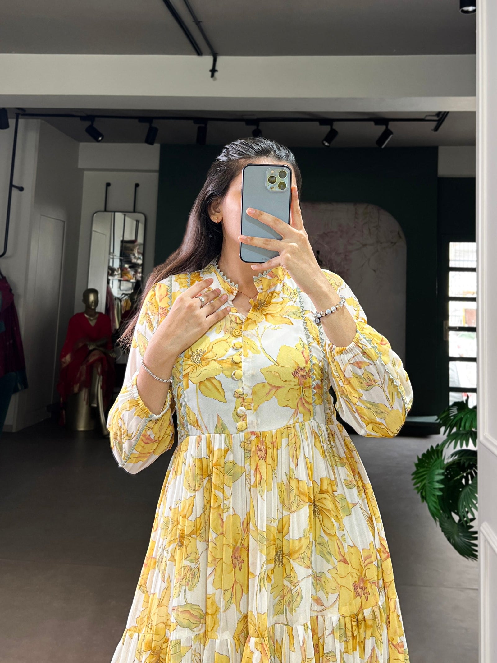 Yellow Weightless Marbal Floral & Foil Printed Stitched Frock with Lace Touch-Up Micro Crepe Lining, Full Sleeves ClothsVilla