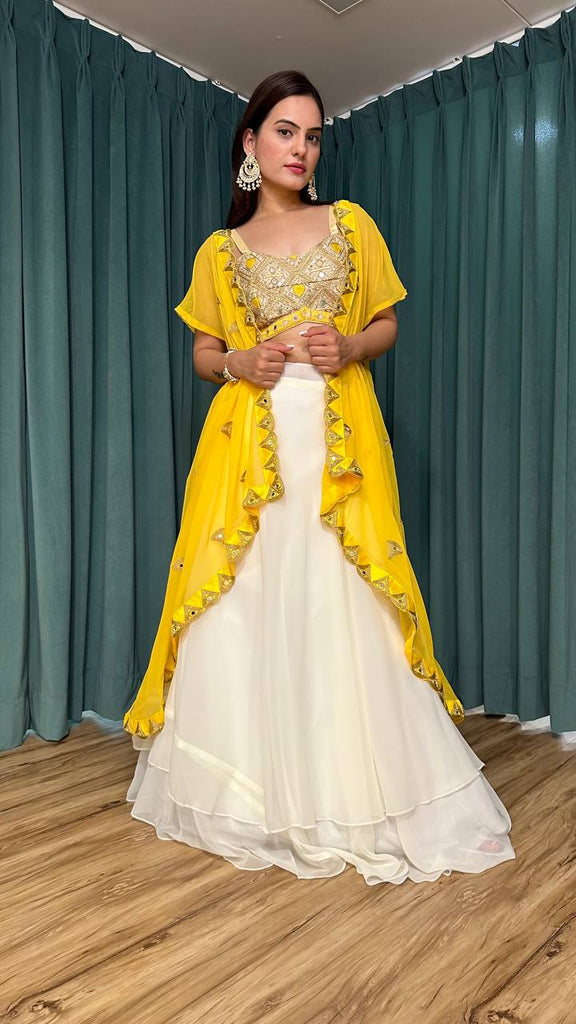 Yellow White Scorching Summer Georgette Lehenga Set with Rea Yellow White Scorching Summer Georgette Lehenga Set with Rea