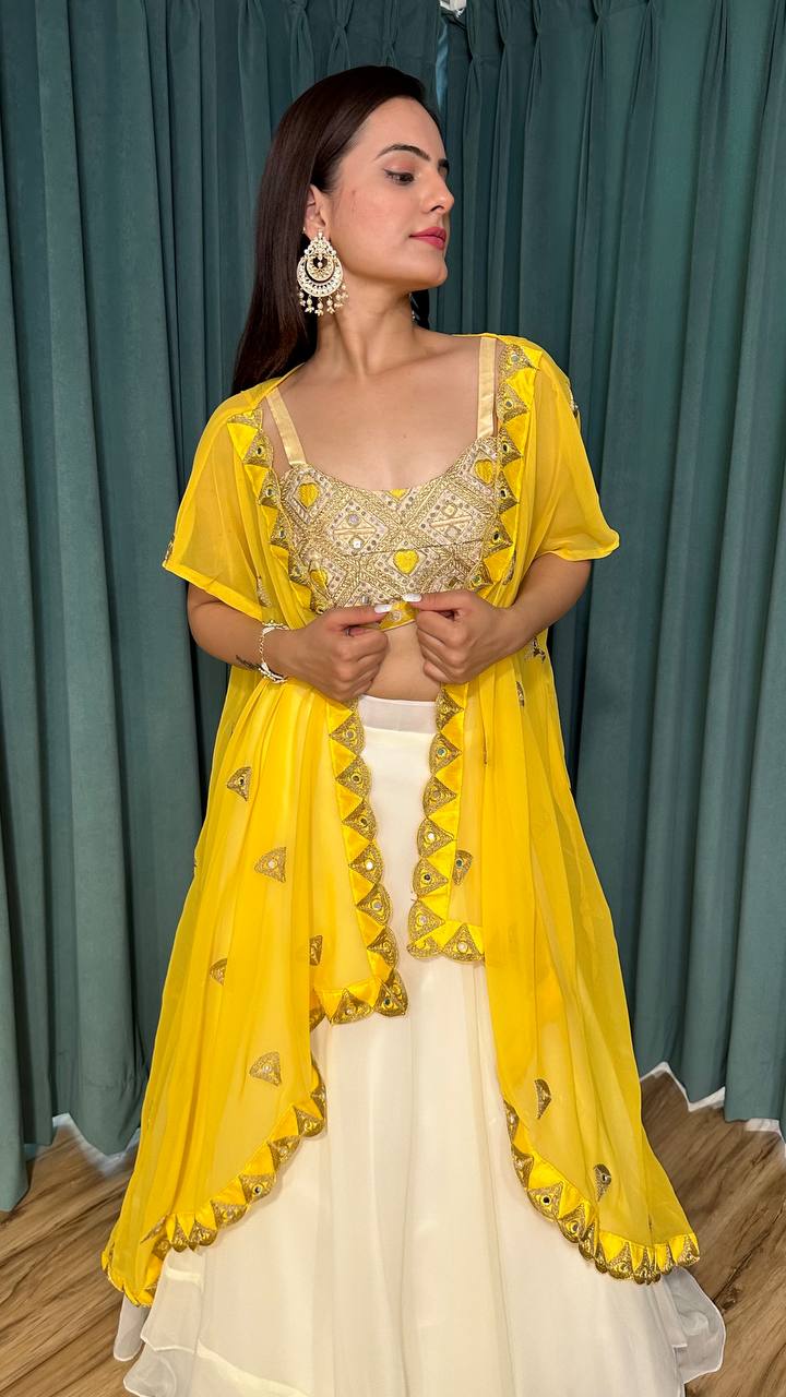 Yellow White Scorching Summer Georgette Lehenga Set with Real Mirror & Dori Work — Color of the Season ClothsVilla