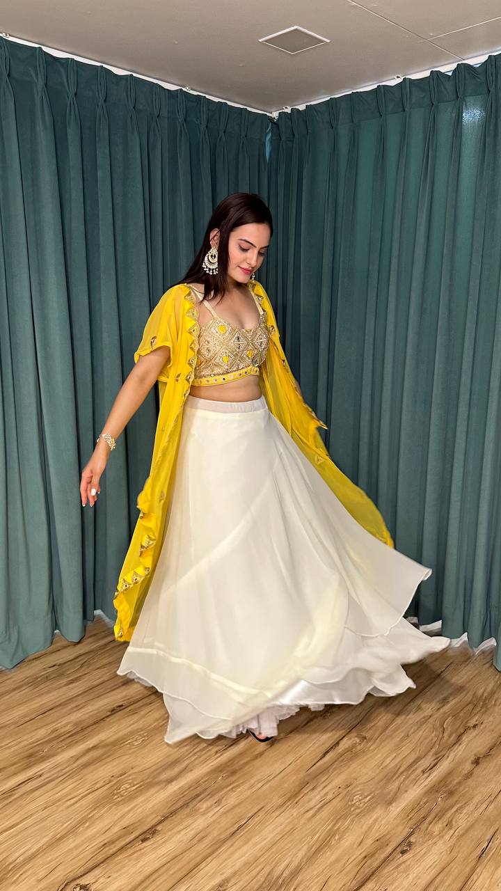 Yellow White Scorching Summer Georgette Lehenga Set with Real Mirror & Dori Work — Color of the Season ClothsVilla