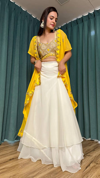 Yellow White Scorching Summer Georgette Lehenga Set with Real Mirror & Dori Work — Color of the Season ClothsVilla