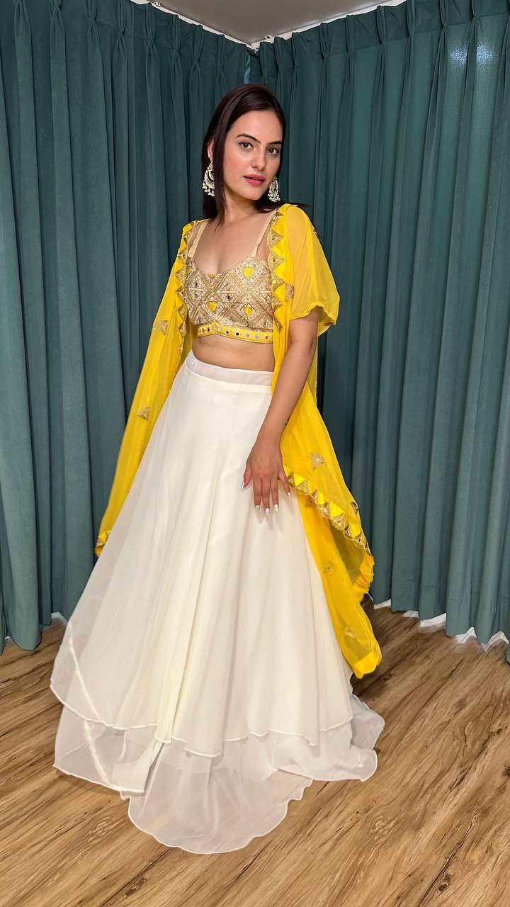 Yellow White Scorching Summer Georgette Lehenga Set with Real Mirror & Dori Work — Color of the Season ClothsVilla