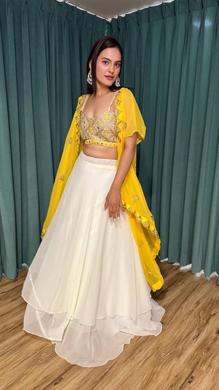 Yellow White Scorching Summer Georgette Lehenga Set with Real Mirror & Dori Work — Color of the Season ClothsVilla