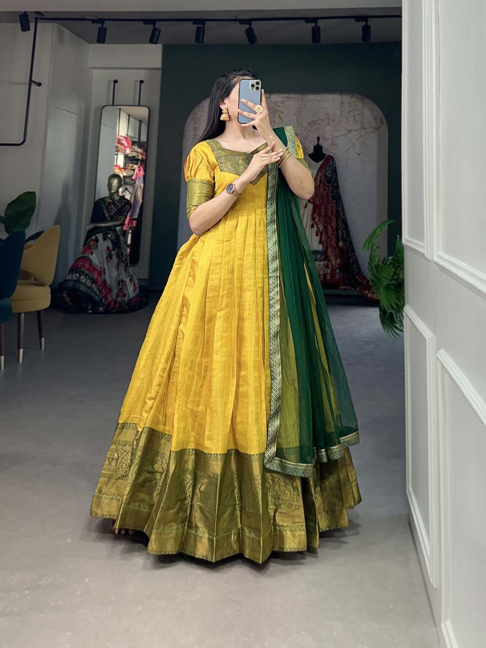 Regal Yellow Zari Woven Kanjivaram Gown with Net Dupatta ClothsVilla