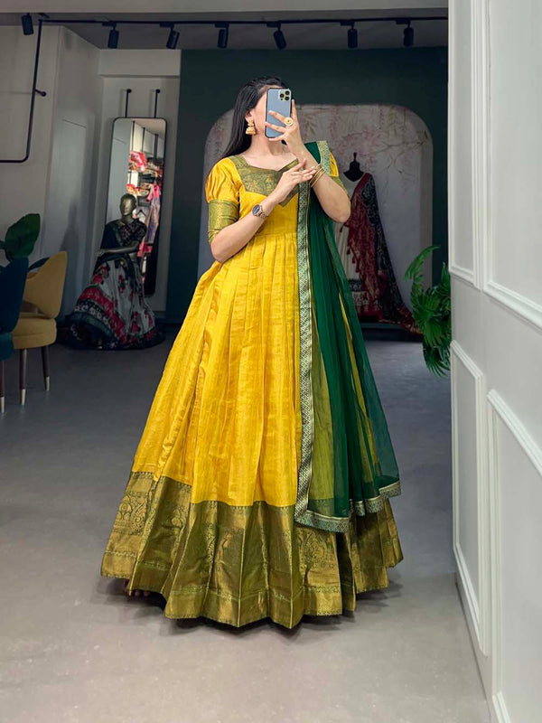Regal Yellow Zari Woven Kanjivaram Gown with Net Dupatta ClothsVilla