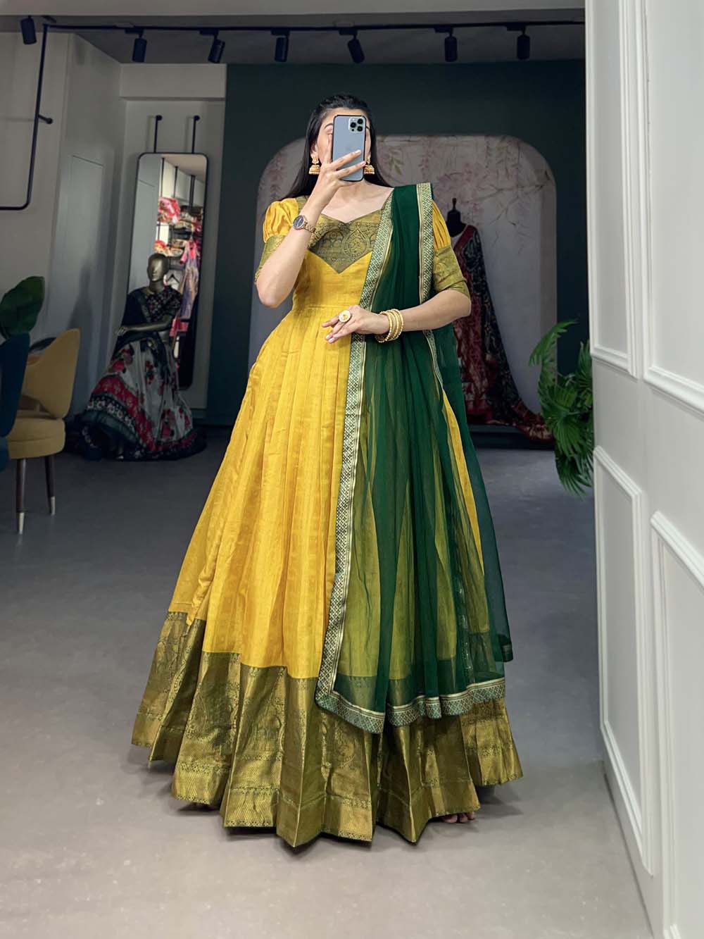 Regal Yellow Zari Woven Kanjivaram Gown with Net Dupatta ClothsVilla