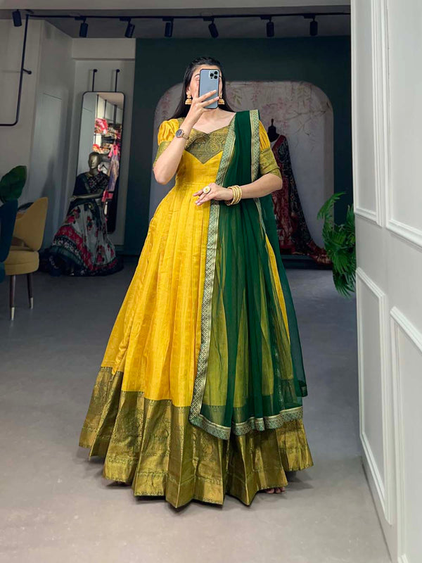 Regal Yellow Zari Woven Kanjivaram Gown with Net Dupatta ClothsVilla