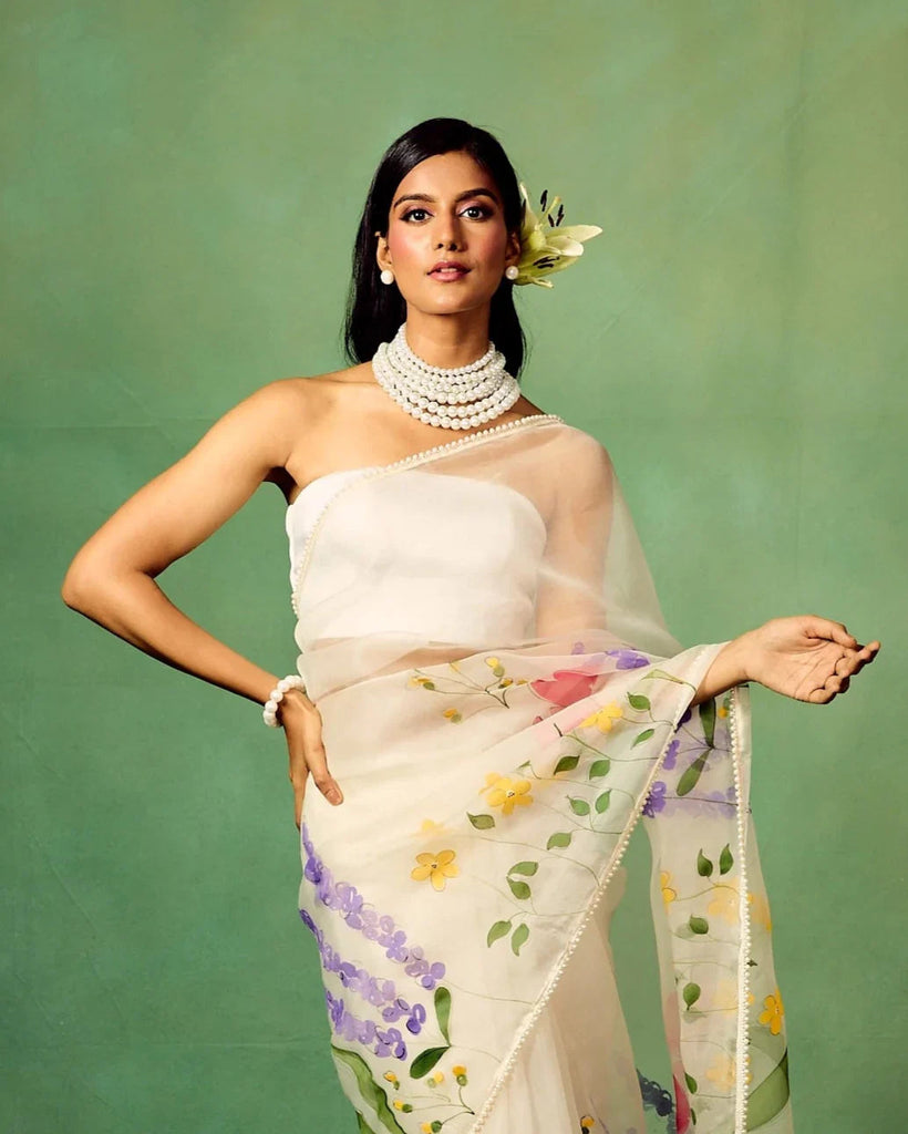 Ivory Pure Organza Hand-Painted Saree with Multicolor Floral Motifs & Sequin Accents | Modal Satin Blouse FANCY SAREES