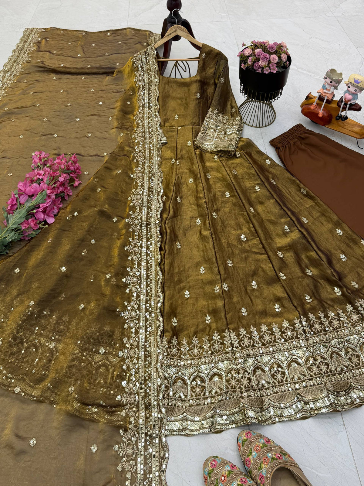 19 COLORS Fendy Silk Sequin Embroidered Gown Pant Dupatta Set ClothsVilla