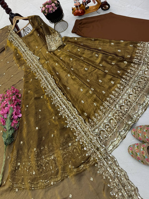 19 COLORS Silk-Finish Sequin Embroidered Gown Pant Dupatta Set ClothsVilla