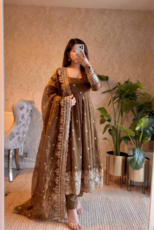 19 COLORS Silk-Finish Sequin Embroidered Gown Pant Dupatta Set ClothsVilla