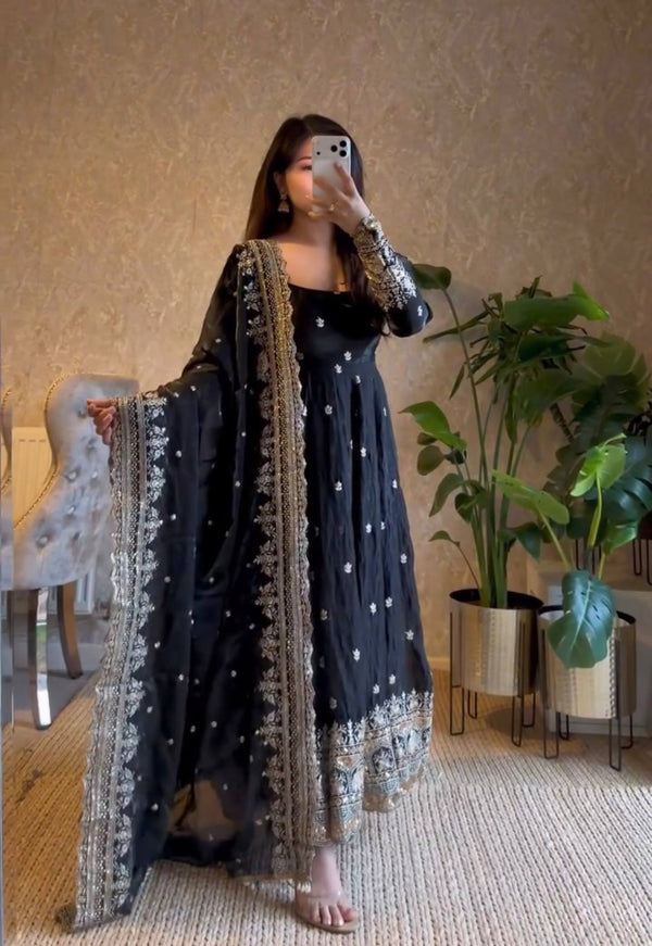 19 COLORS Fendy Silk Sequin Embroidered Gown Pant Dupatta Set ClothsVilla