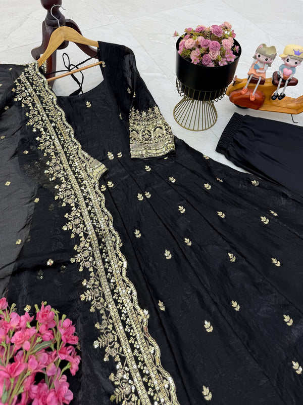 19 COLORS Silk-Finish Sequin Embroidered Gown Pant Dupatta Set ClothsVilla