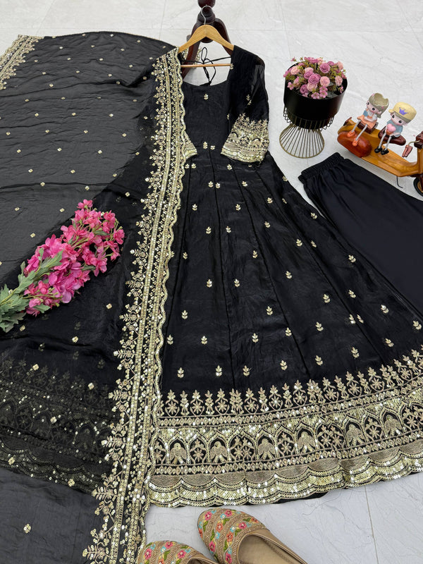 19 COLORS Silk-Finish Sequin Embroidered Gown Pant Dupatta Set ClothsVilla