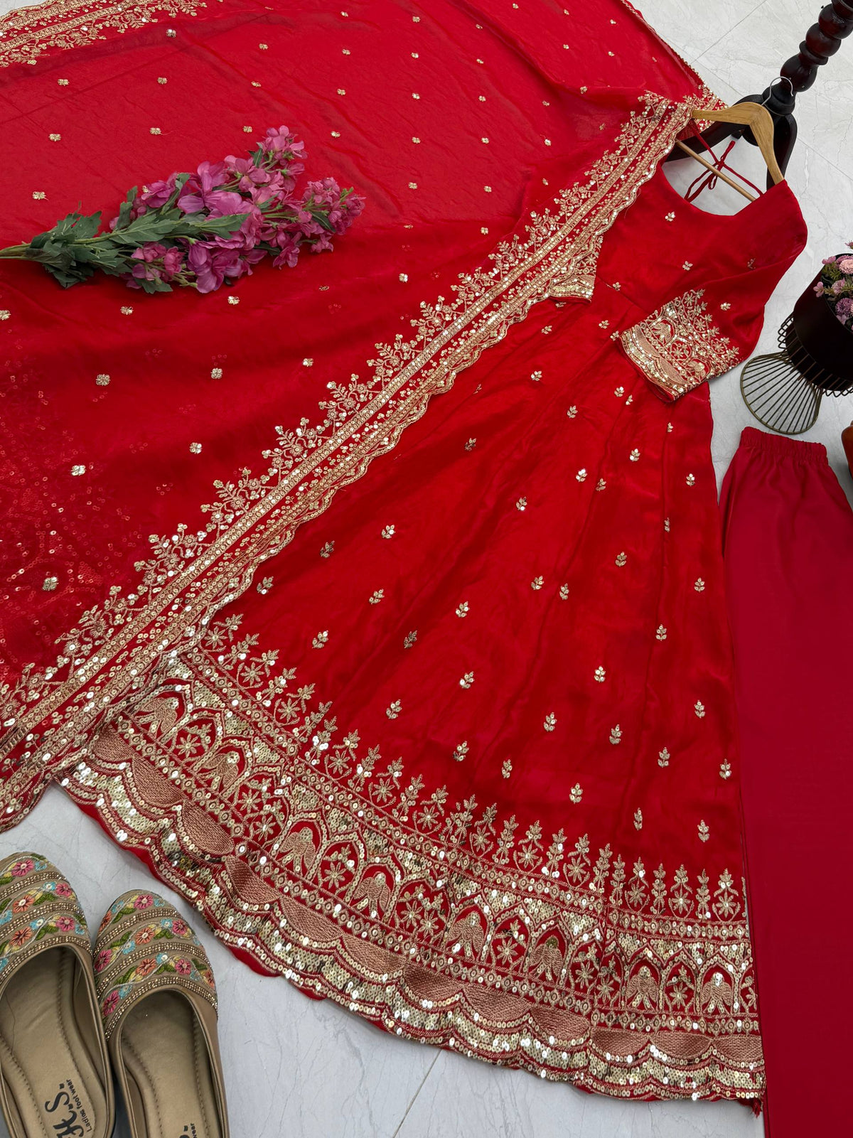 19 COLORS Silk-Finish Sequin Embroidered Gown Pant Dupatta Set ClothsVilla