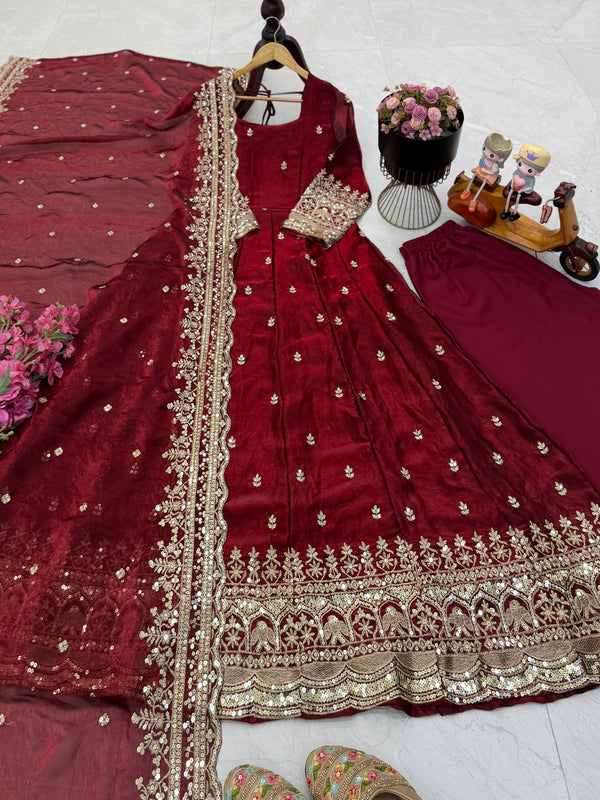 19 COLORS Fendy Silk Sequin Embroidered Gown Pant Dupatta Set ClothsVilla