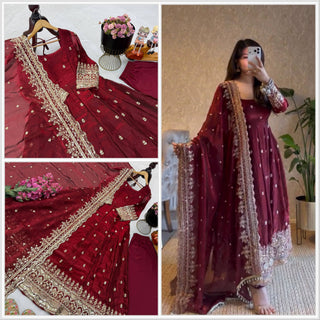 19 COLORS Fendy Silk Sequin Embroidered Gown Pant Dupatta Set ClothsVilla