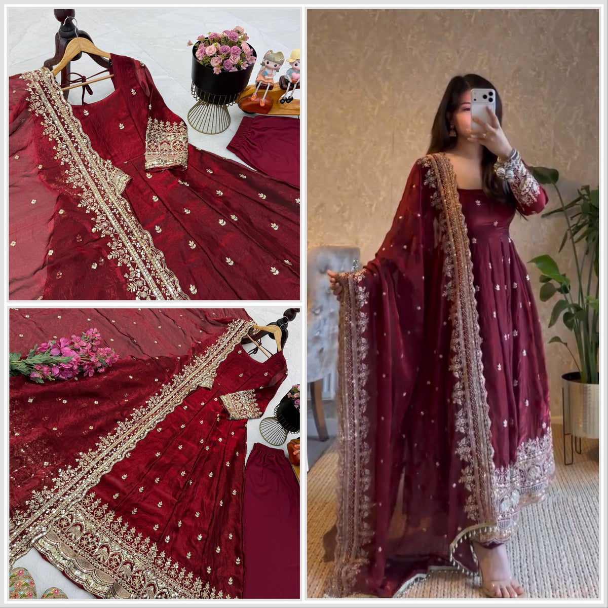 19 COLORS Silk-Finish Sequin Embroidered Gown Pant Dupatta Set ClothsVilla