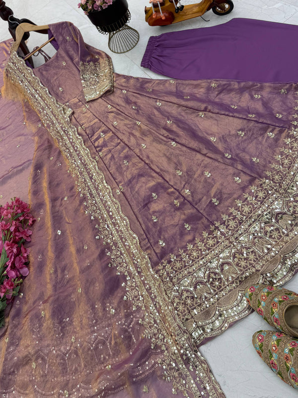 19 COLORS Silk-Finish Sequin Embroidered Gown Pant Dupatta Set ClothsVilla