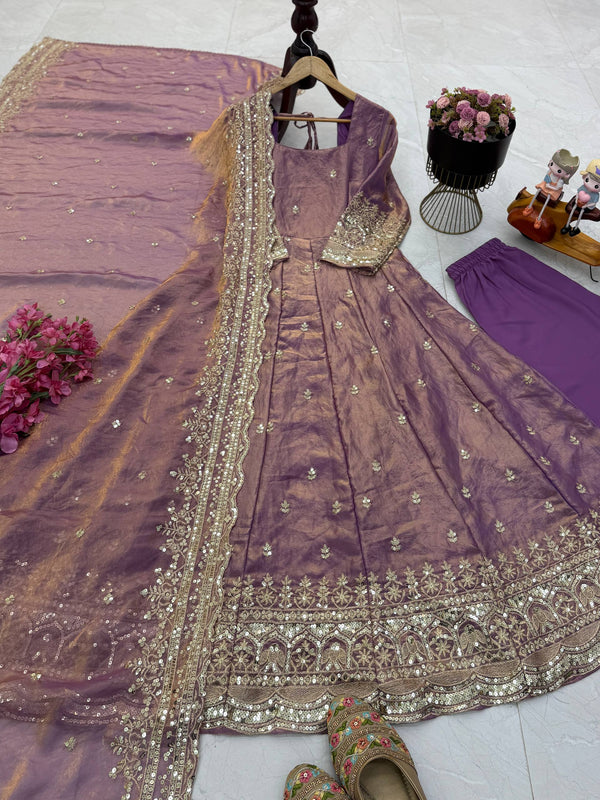 19 COLORS Silk-Finish Sequin Embroidered Gown Pant Dupatta Set ClothsVilla