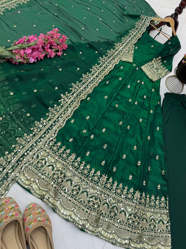 19 COLORS Silk-Finish Sequin Embroidered Gown Pant Dupatta Set ClothsVilla