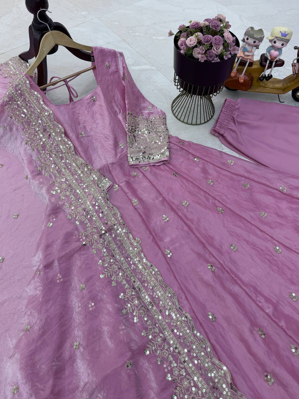 19 COLORS Silk-Finish Sequin Embroidered Gown Pant Dupatta Set ClothsVilla