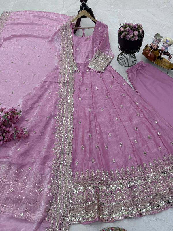 19 COLORS Silk-Finish Sequin Embroidered Gown Pant Dupatta Set ClothsVilla