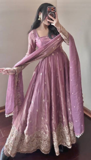 19 COLORS Silk-Finish Sequin Embroidered Gown Pant Dupatta Set ClothsVilla