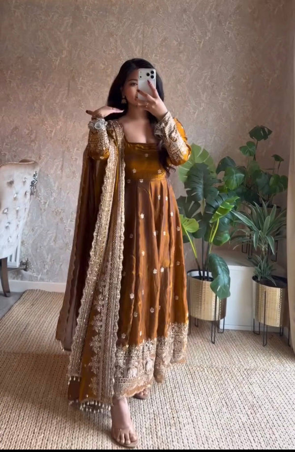 19 COLORS Silk-Finish Sequin Embroidered Gown Pant Dupatta Set ClothsVilla