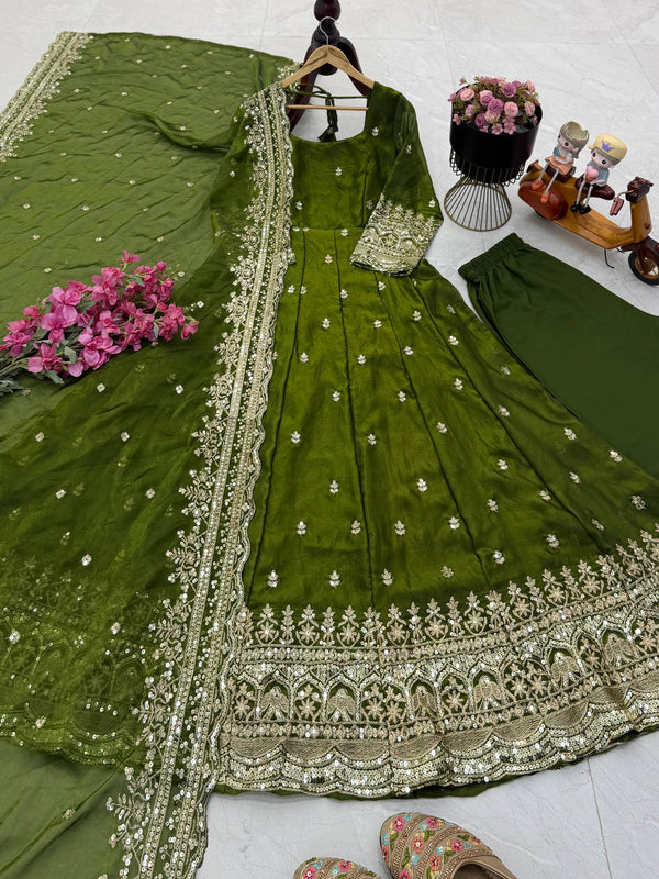 19 COLORS Silk-Finish Sequin Embroidered Gown Pant Dupatta Set ClothsVilla