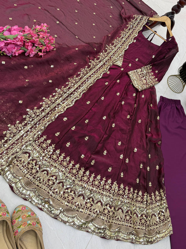 19 COLORS Fendy Silk Sequin Embroidered Gown Pant Dupatta Set ClothsVilla