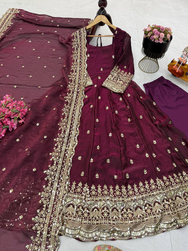 19 COLORS Fendy Silk Sequin Embroidered Gown Pant Dupatta Set ClothsVilla