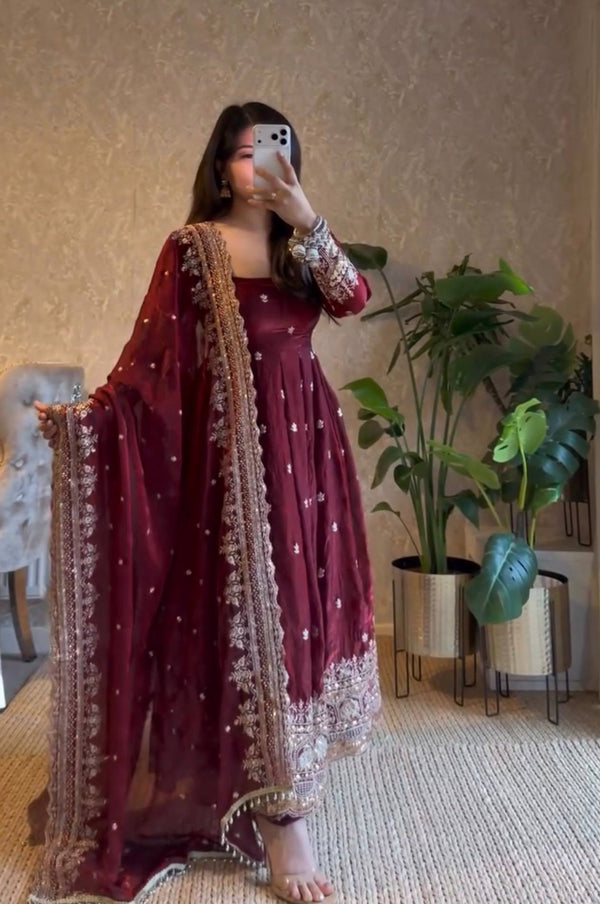 19 COLORS Fendy Silk Sequin Embroidered Gown Pant Dupatta Set ClothsVilla