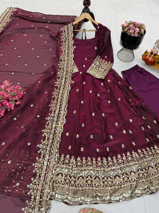 19 COLORS Silk-Finish Sequin Embroidered Gown Pant Dupatta Set ClothsVilla