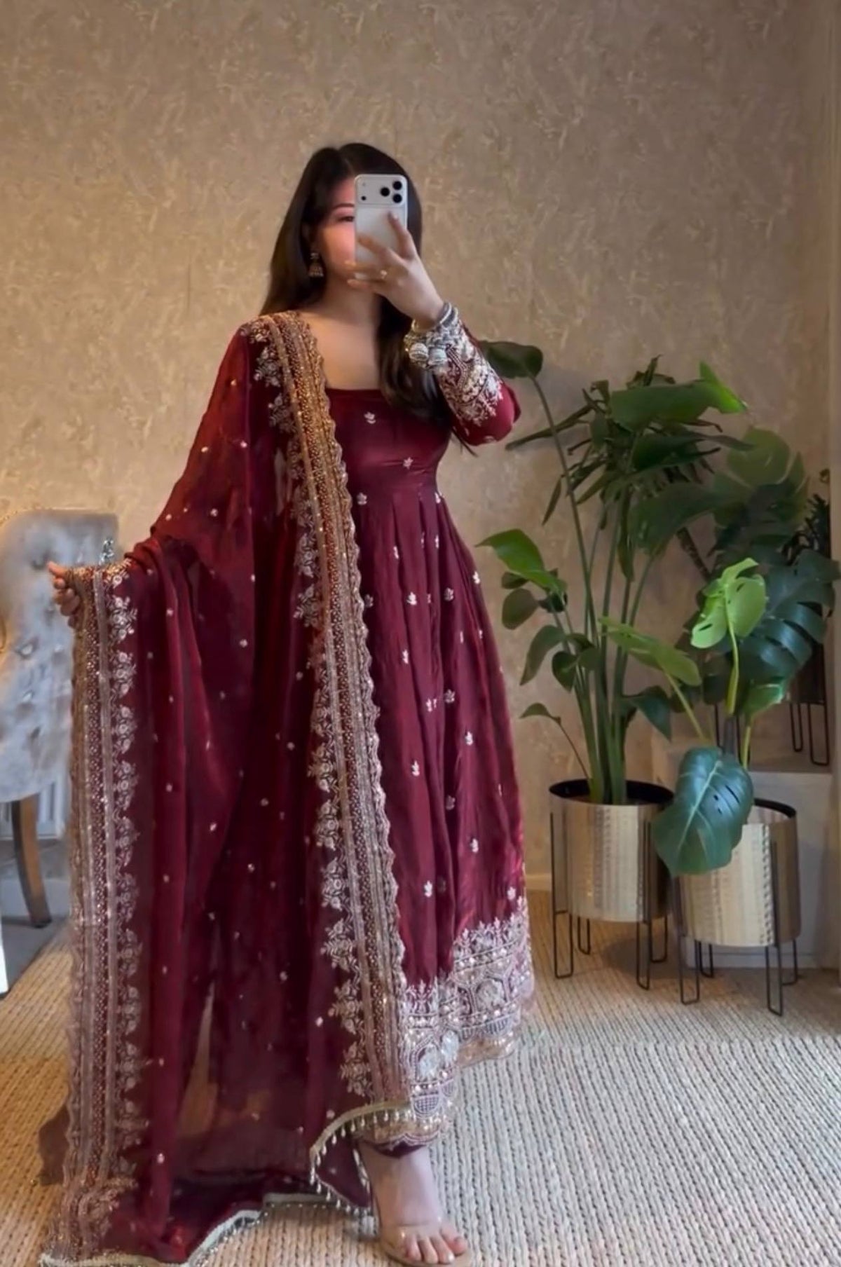 19 COLORS Silk-Finish Sequin Embroidered Gown Pant Dupatta Set ClothsVilla