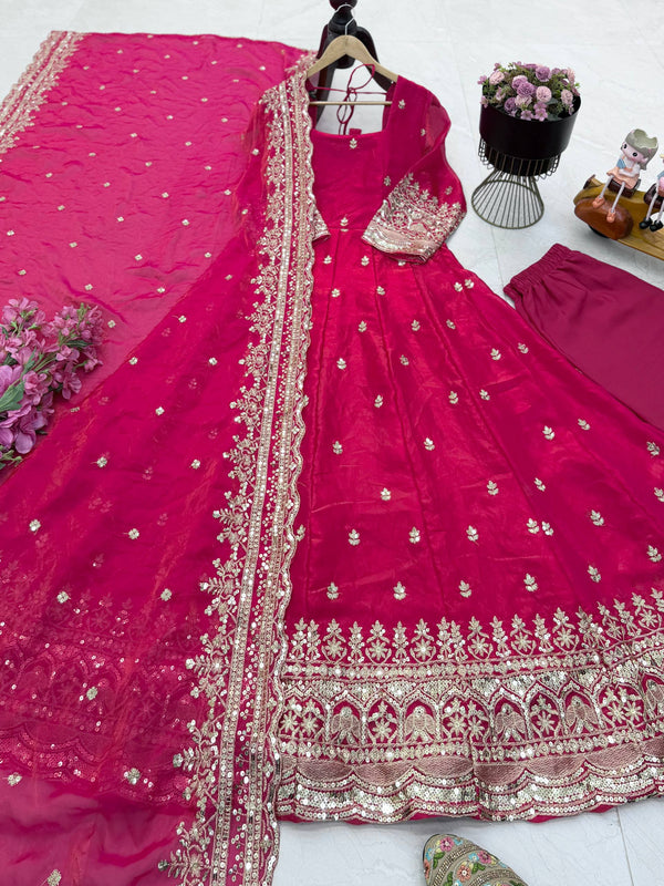 19 COLORS Silk-Finish Sequin Embroidered Gown Pant Dupatta Set ClothsVilla
