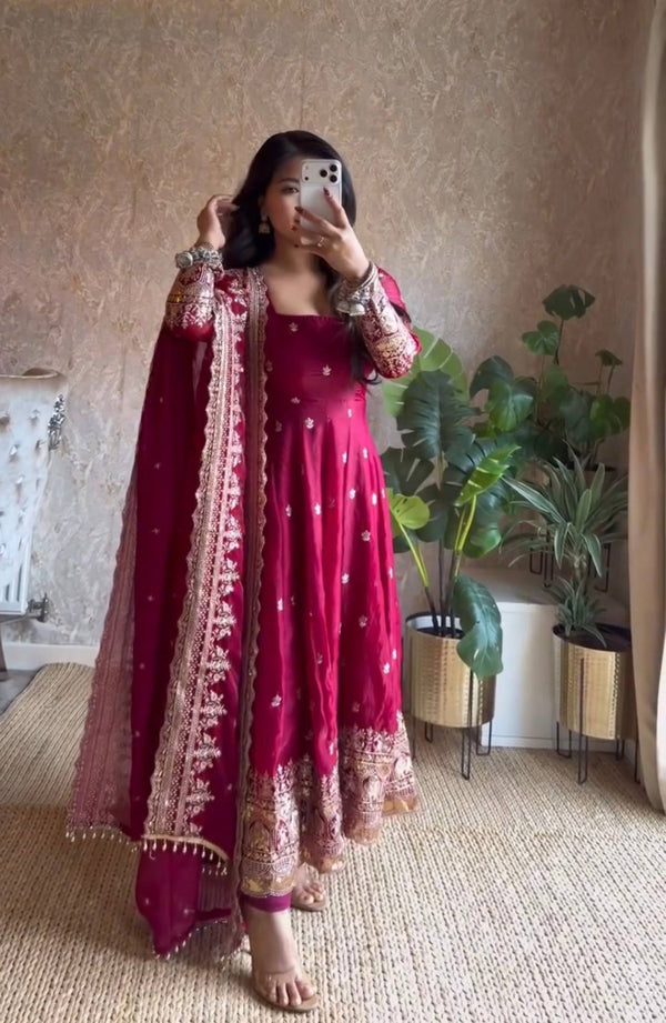 19 COLORS Silk-Finish Sequin Embroidered Gown Pant Dupatta Set ClothsVilla