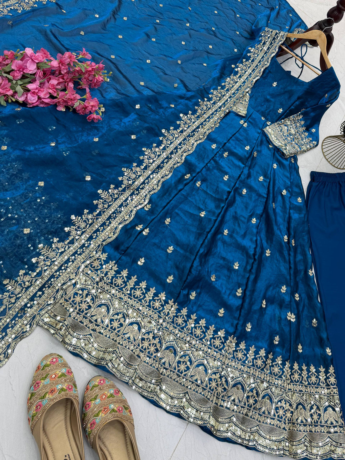 19 COLORS Silk-Finish Sequin Embroidered Gown Pant Dupatta Set ClothsVilla