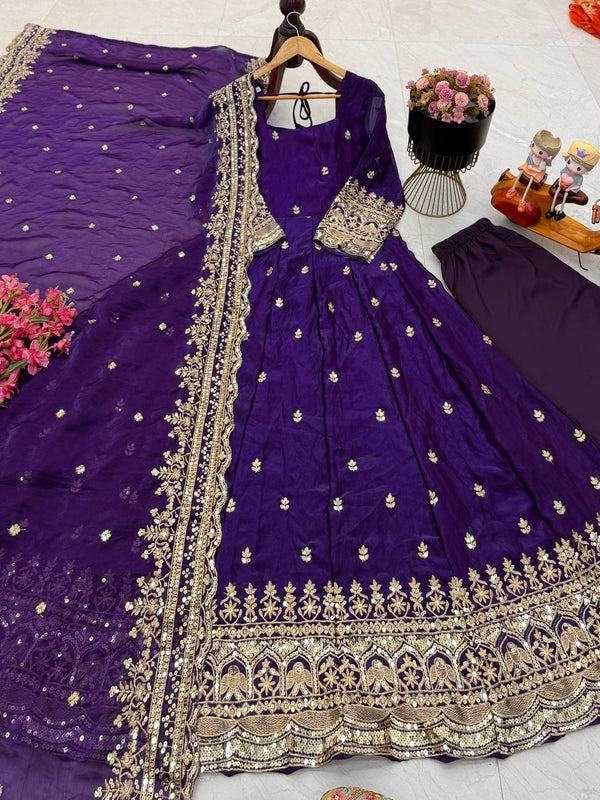 19 COLORS Fendy Silk Sequin Embroidered Gown Pant Dupatta Set ClothsVilla