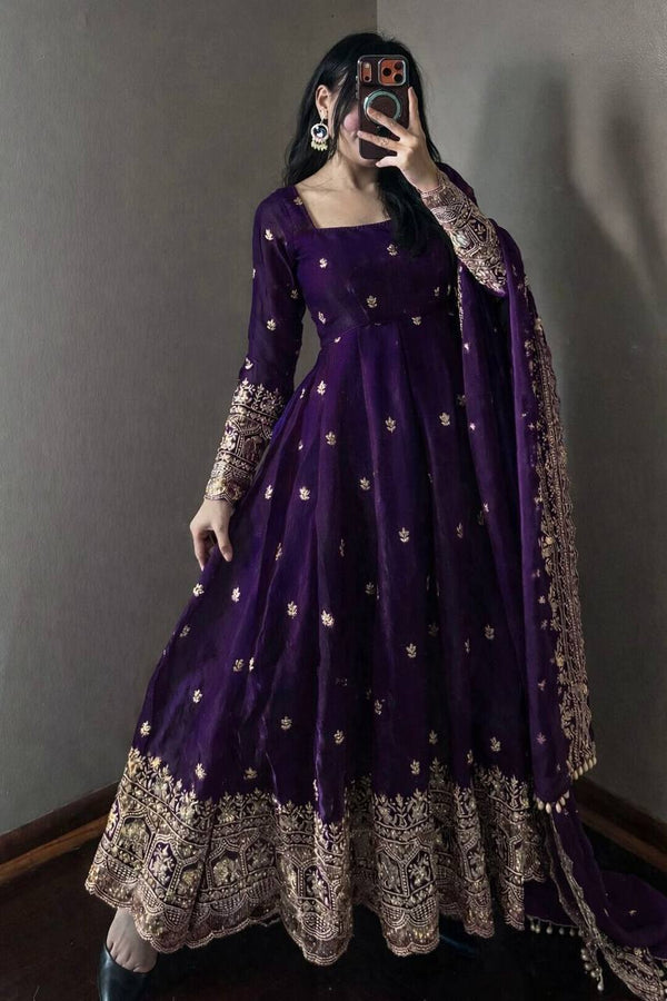 19 COLORS Fendy Silk Sequin Embroidered Gown Pant Dupatta Set ClothsVilla