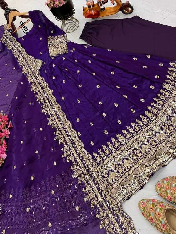 19 COLORS Silk-Finish Sequin Embroidered Gown Pant Dupatta Set ClothsVilla