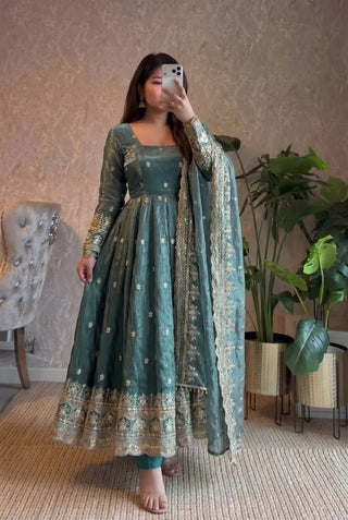 19 COLORS Fendy Silk Sequin Embroidered Gown Pant Dupatta Set ClothsVilla