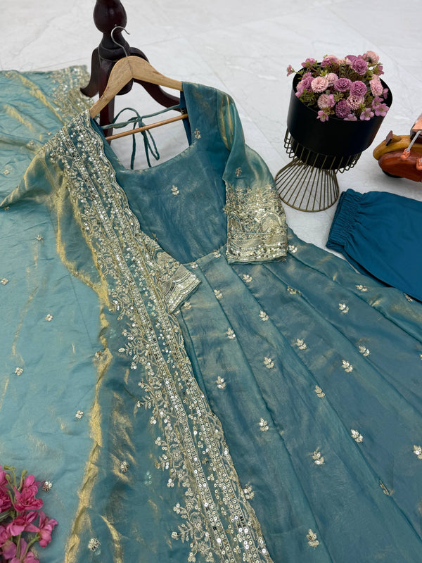 19 COLORS Silk-Finish Sequin Embroidered Gown Pant Dupatta Set ClothsVilla